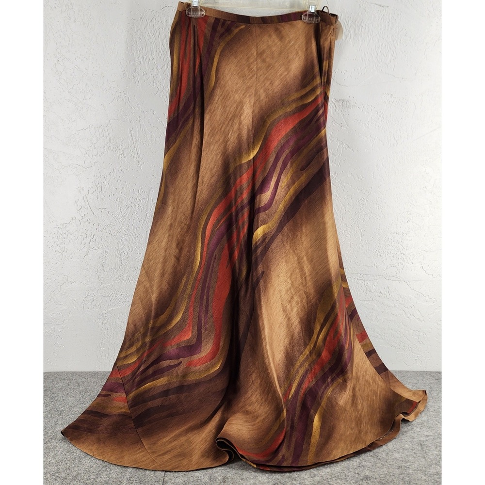 Valerie Stevens Brown Abstract Print Linen Silk Maxi Skirt Boho Earthy Womens 12
